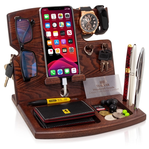 Wood Phone Docking Station - Key Holder Wallet Watch Stand - $33